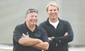 A FILE photo shows wicketkeeping great Rod Marsh (left) with Shane Warne.—Reuters